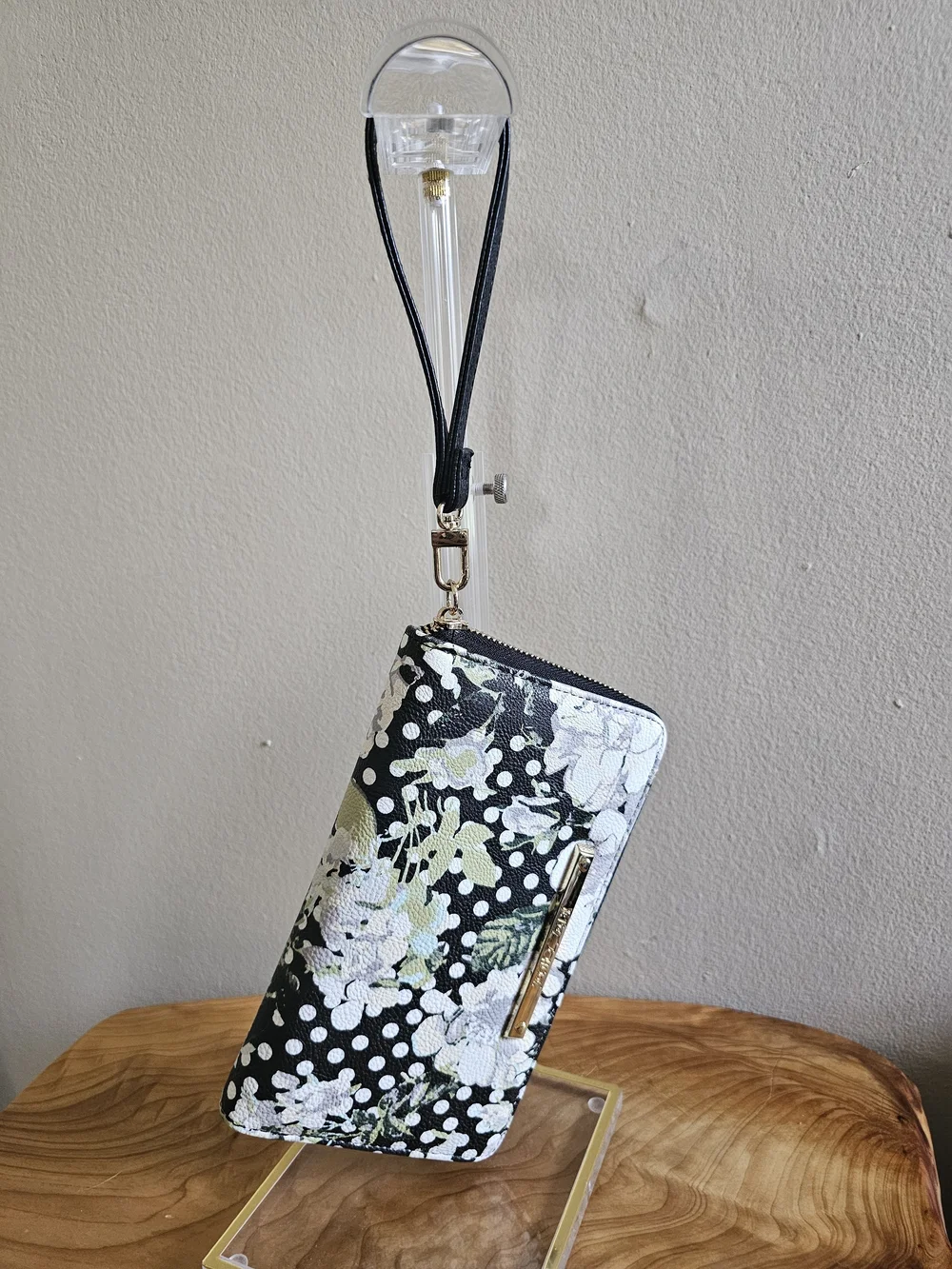 Betsey Johnson Black Floral Polka Dot Zip Wristlet Wallet